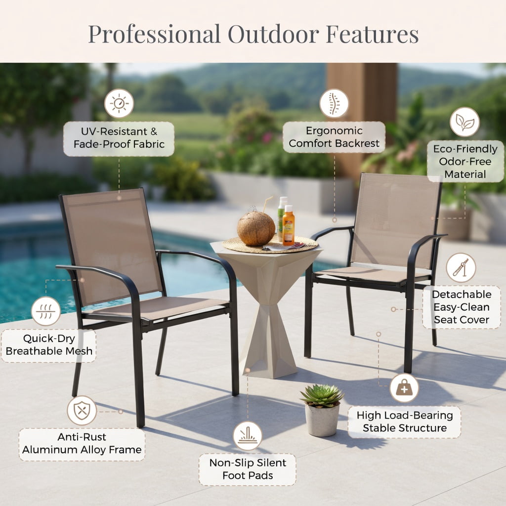 Hommoo 2-Pack Outdoor Dining Chairs, High-Back Metal Patio Chairs with Ergonomic Lumbar Support, Stackable & Weather-Resistant Fabric, Light Brown