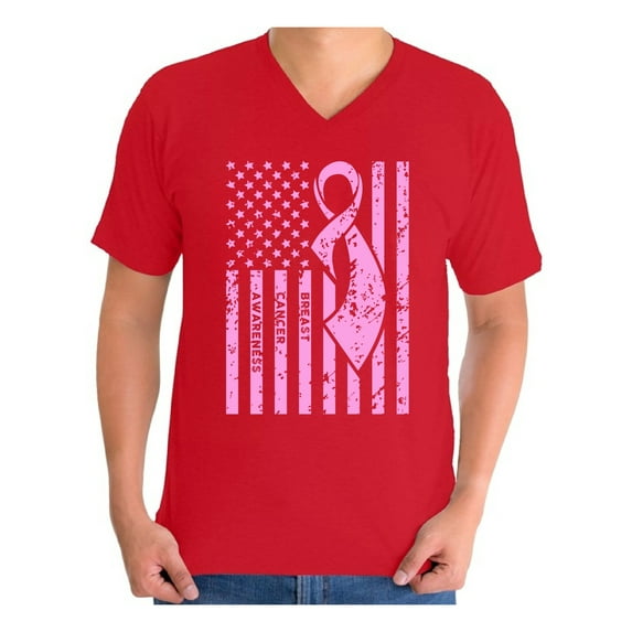 Awkward Styles Men's Breast Cancer Awareness Graphic V-neck T-shirt Tops Pink Ribbon