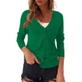 thumbnail image 1 of V-Neck Cropped Cardigan, Plus-Size Short Sweater, Relaxed Knit Top Green L , Coat, 1 of 4