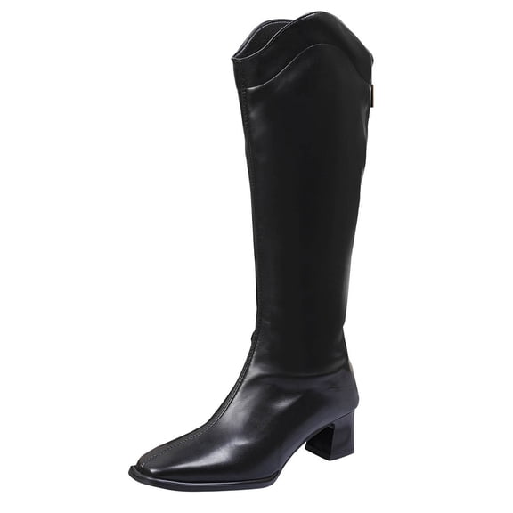 KEGIRLOM Women's Fashionable And Casual Winter Long Straight Boots Solid Color Toe Back Zipper Heel Low Heel Knee-High Boots Black 9