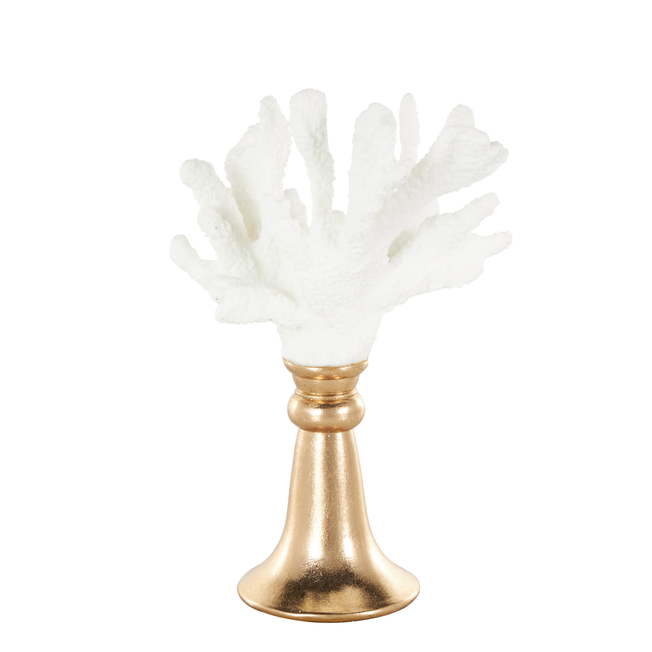 8" x 13" White Resin Textured Coral Sculpture with Round Copper Base, by DecMode