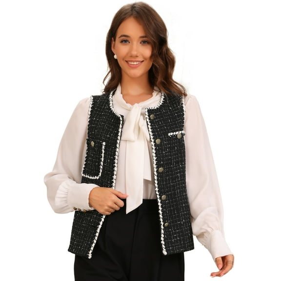 DARING DIVA Women's Tweed Plaid Round Neck Sleeveless Vintage Vests XS Black