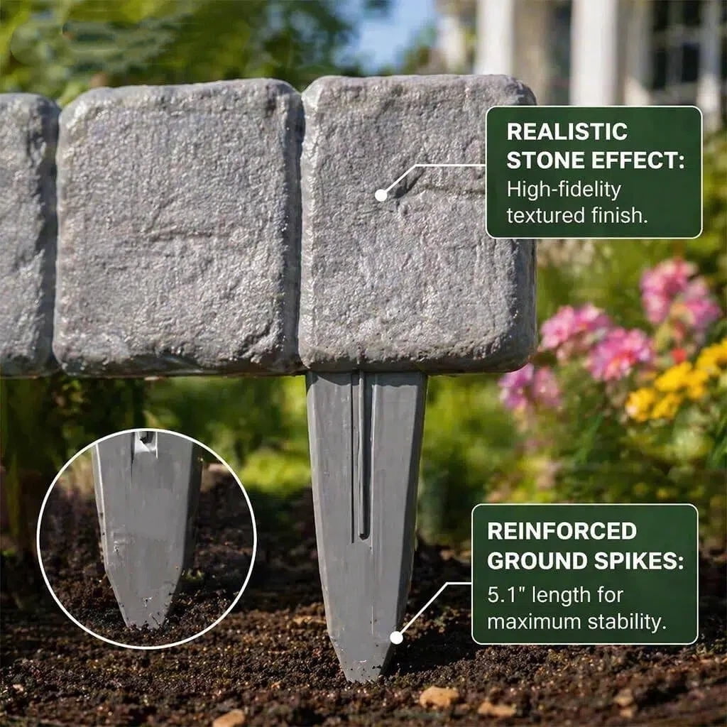 Imitation Stone Garden Fence, Plastic Retaining Edging Border, Cobbled Effect Landscape Decor Interlocking Decorative Panels Flower Bed Path Lawn Outdoor Picket Yard Grass Edge (Red, 12PCS)