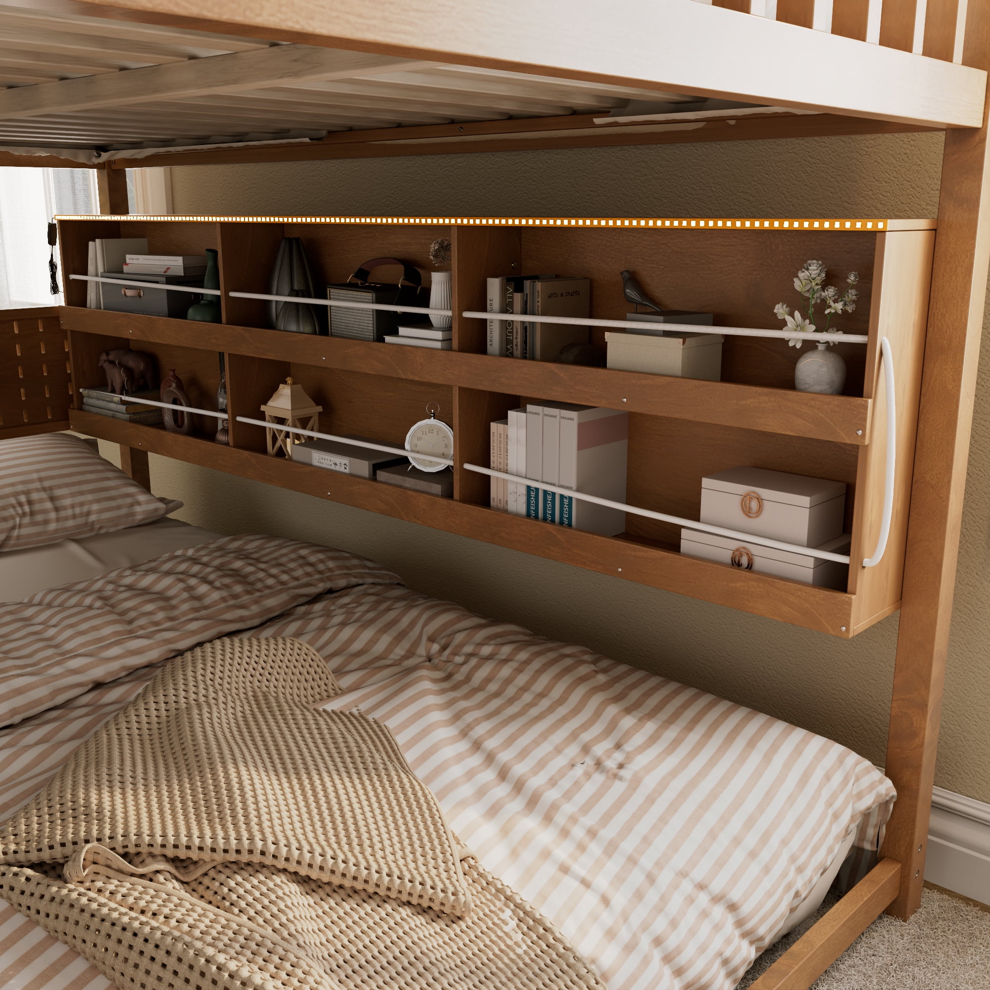 Leumius Full over Full Bunk Bed with Integrated Shelving, Color-Changing Lights and Pegboard for Boys Girls Brown