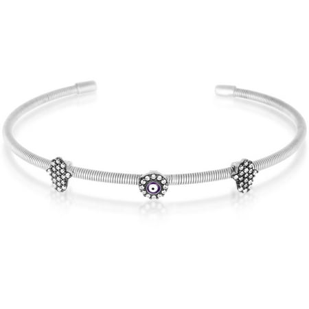 Sterling Silver Two-Tone Cubic Zirconia and Enamel Evil Eye and Hamsa Bangle
