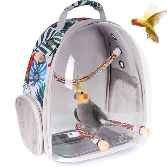 Tropical Print Clear Bubble Bird Carrier Backpack for Small Parrots & Budgies – Breathable Travel Cage with Perches & Removable Tray