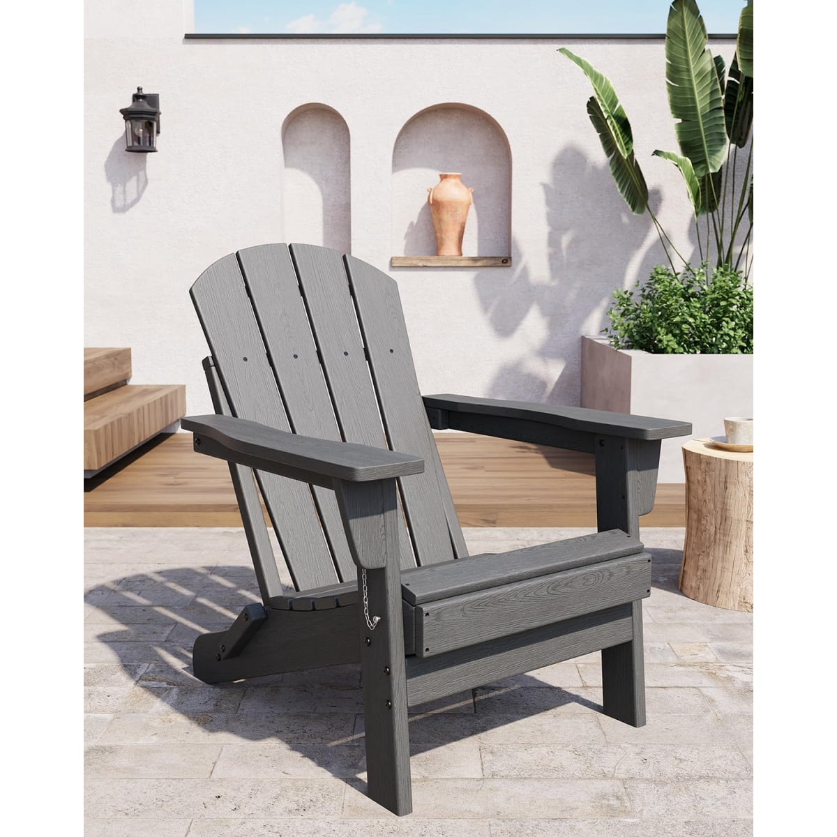 1PC Folding Adirondack Chair, HDPE Outdoor All-Weather Fire Pit Chairs, Outdoor Wooden Lounge Chair, Modern Lounger Adirondack Chairs Ergonomic Extended Backrest for Deck, Patio, Pool, Backyard