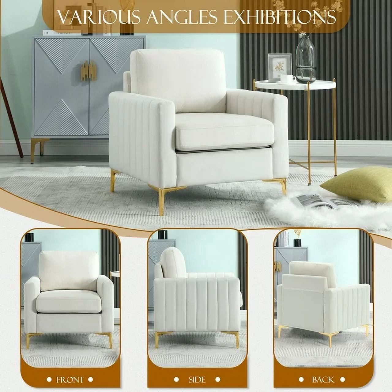 Muumblus 3 Pieces Velvet Living Room Furniture Sets, Modern Two Single Sofa Chairs and One 3-Seater Sofa Couch, Beige