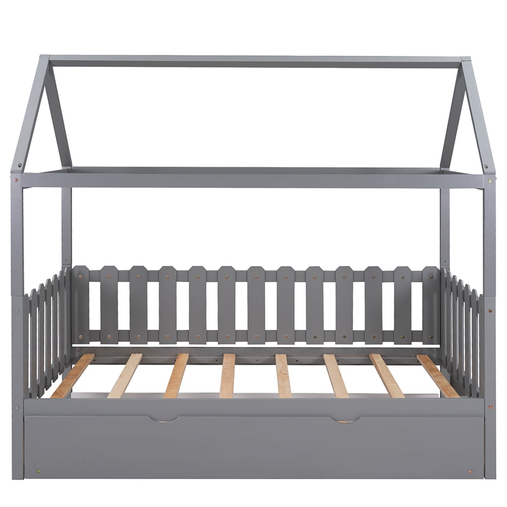 Lowestbest Twin Size House Bed with Trundle and Guardrail for Kids in Gray Lowestbest Twin Size House Bed with Trundle and Guardrail for Kids in Gray