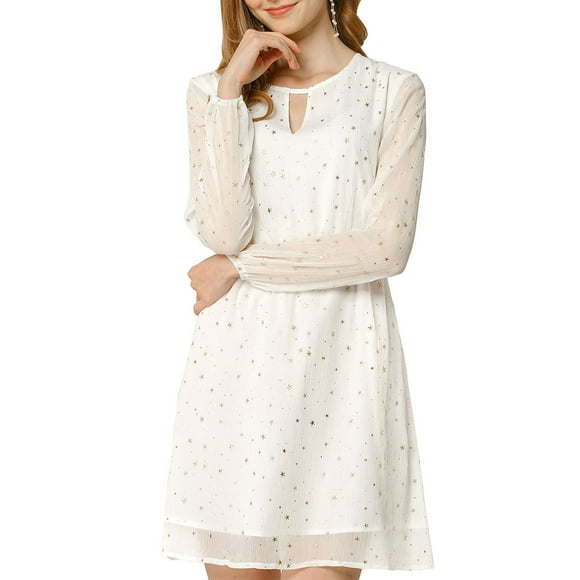 Vestido de fiesta de mujer Inspire Chic con escote en V, mangas largas, falda acampanada y estrellas doradas, color blanco