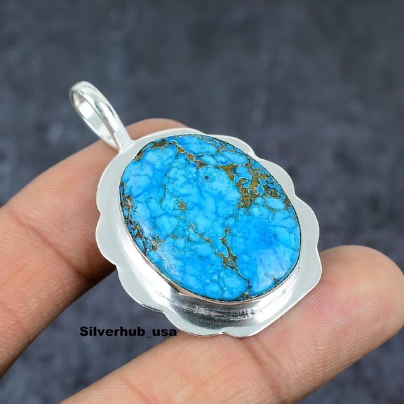 Adidev 30 Carat Tibetan Turquoise Gemstone Oval Shape BlueColor 925 Sterling Silver Plated Pendant for Women