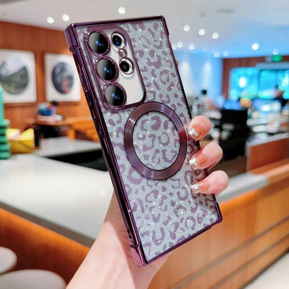 Allytechgroup For Samsung Galaxy S25 Ultra Case for Girls Women, Bling Leopard Pattern Luxury Back Cover Compatible with Magsafe Anti-Scratch Shockproof Slim Fit Shell Phone Case, Darkpurple
