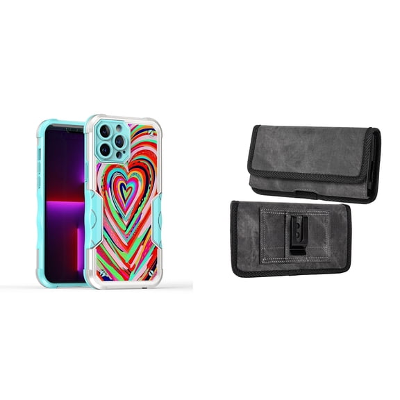 Case and Pouch Bundle for iPhone 14: Heavy Duty Armor Rugged Case (Abstract Love Hearts) and Rugged Denim Nylon Belt Holster (Grey)