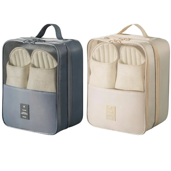 2 Pcs Travel Shoe Bags, Breathable Polyester Shoe Storage Bags for Packing, Fits Multiple Pairs of Shoes, Includes Front Pocket and Handle, Ideal for Luggage Organization, White & Dark Grey