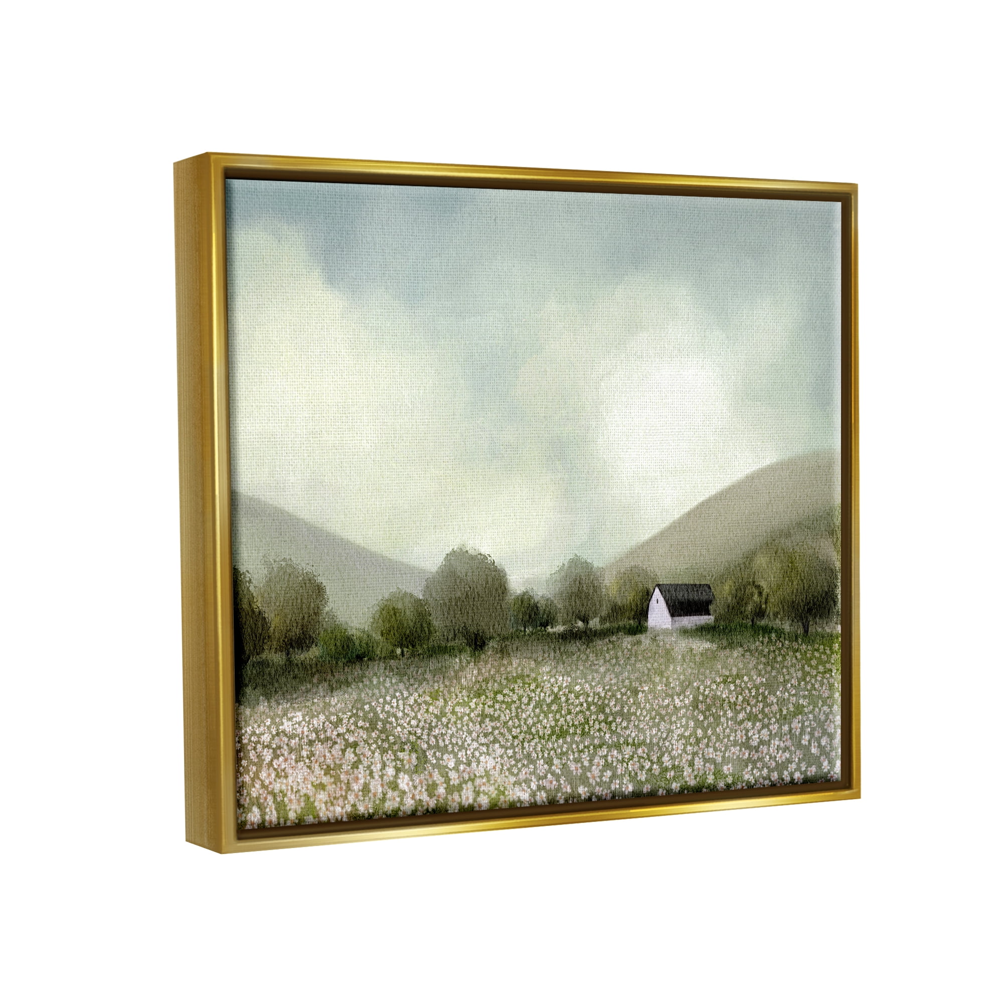 Stupell Industries Cottage in Meadow Landscape Painting Gold Floater Framed Canvas Art Print Wall Art, 21 x 17