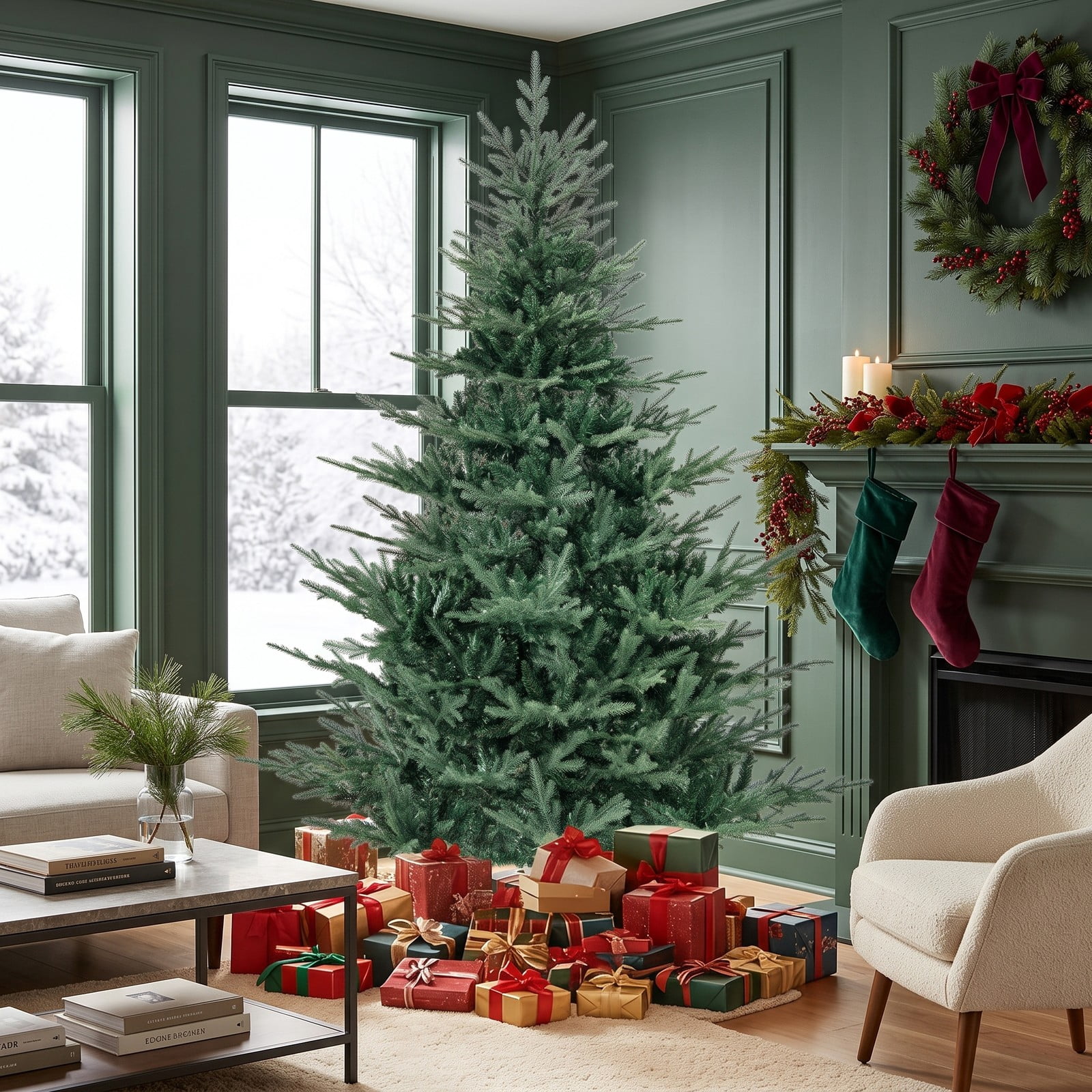 RUIE 7 FT Pre-Lit Artificial Christmas Tree with 350 Warm White LED Lights, 1102 Branch Tips, Hinged Full Spruce Xmas Tree with Metal Stand for Home Holiday, Green