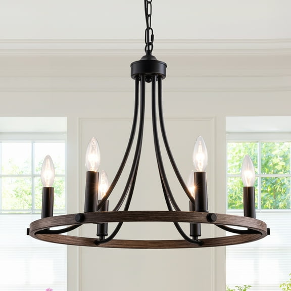 US HOME GOODS 6-Light Black Wheel Chandelier, Farmhouse Flush Mount Ceiling Light Fixture for Living&Dining Room Foyer Entryway, Metal Vintage Candle Pendant Lighting for Bedroom Hallway Kitchen