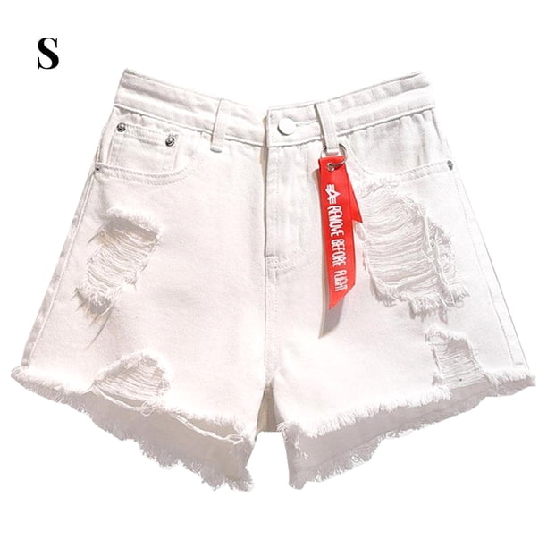 Pantalones cortos de mujer Vaqueros Cintura alta Agujeros destruidos Pantalones cortos con dobladillo deshilachado, Blanco, S Advancent AP001525-11B