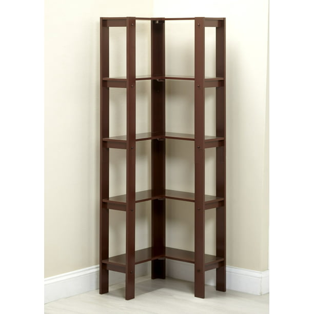 L Shaped Corner Unit With 4 Shelves, Dark Walnut Corner Bookcase