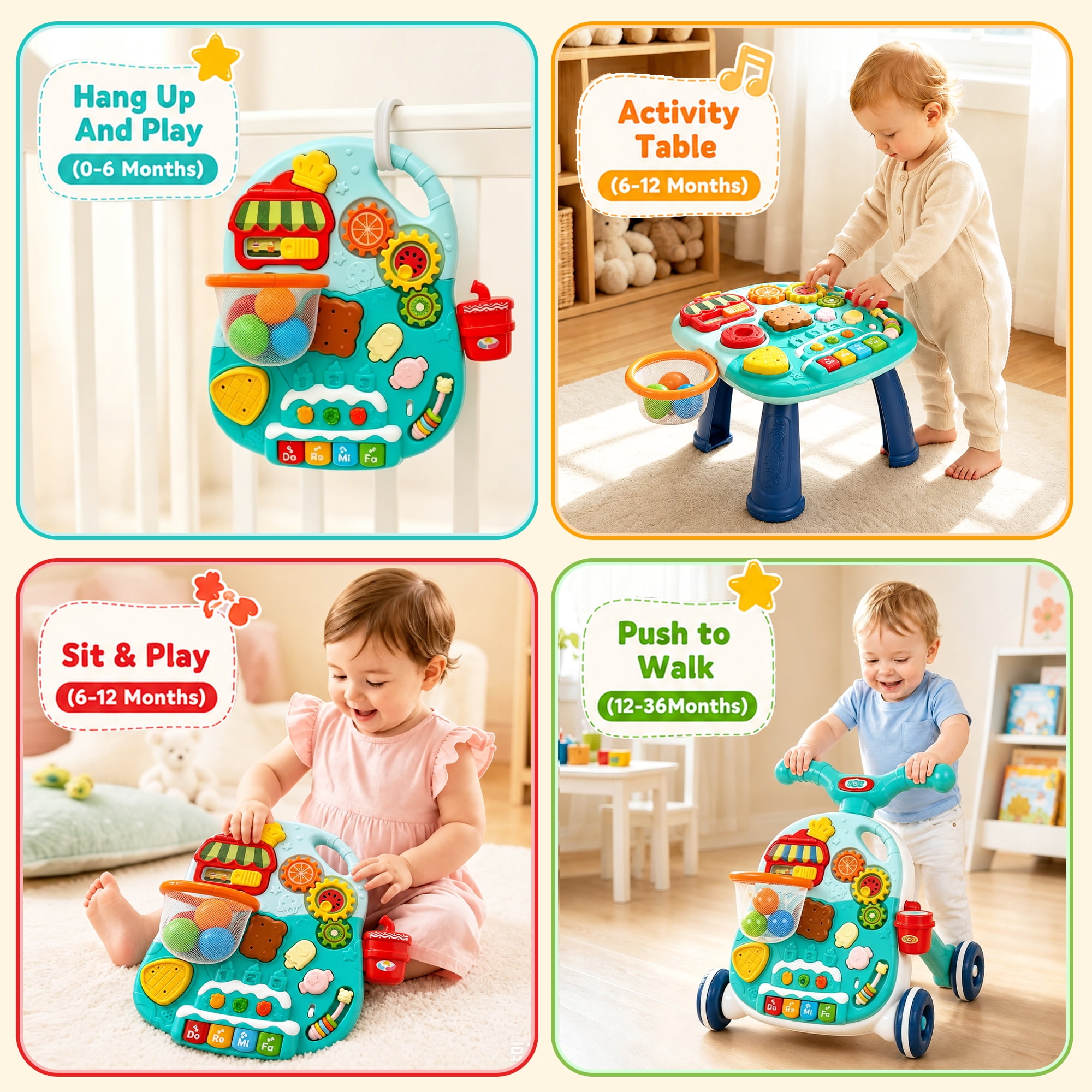 FVLOENG Baby Push Walkers Activity Table Center  3 in 1 Music Learning Walker Sit-to-Stand Toys ,Multifunctional Removable Play Panel,for 6-12 Months Early Educational Gift Infant Boys Girls