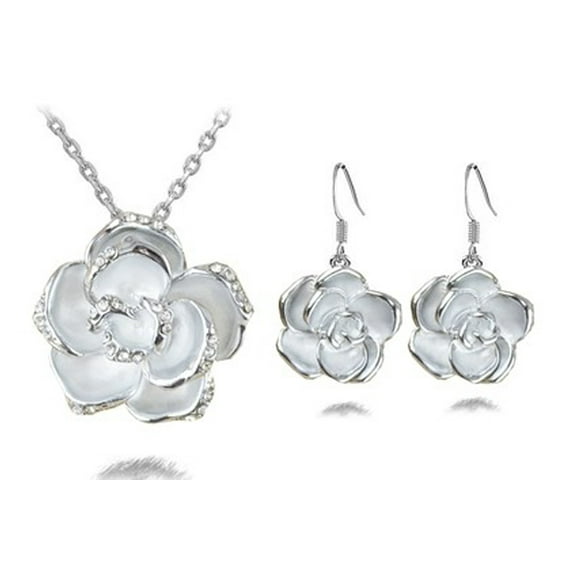 Fashion Rose Flower Austrian Crystal Necklace and Earrings Set
