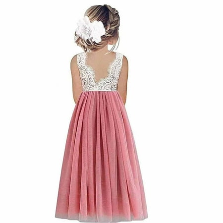 

Holloyiver Girls Lace Top Princess Dresses Sleeveless Big Kids Backless Tulle Maxi Tutu Teens Party Dress Sleeveless Embroidery Mesh Dress Princess Dress for 5-14 years