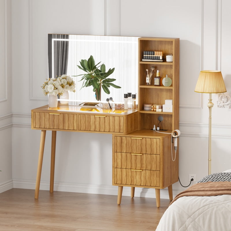 48" Fluted Makeup Vanity Table with 36" LED Mirror & 3 Color Lights Elegant Fluted Vanity Desk with 5 Storage Drawers Open Shelfs Dressing Table with Charging Station & Hair Dryer Rack for Bedroom