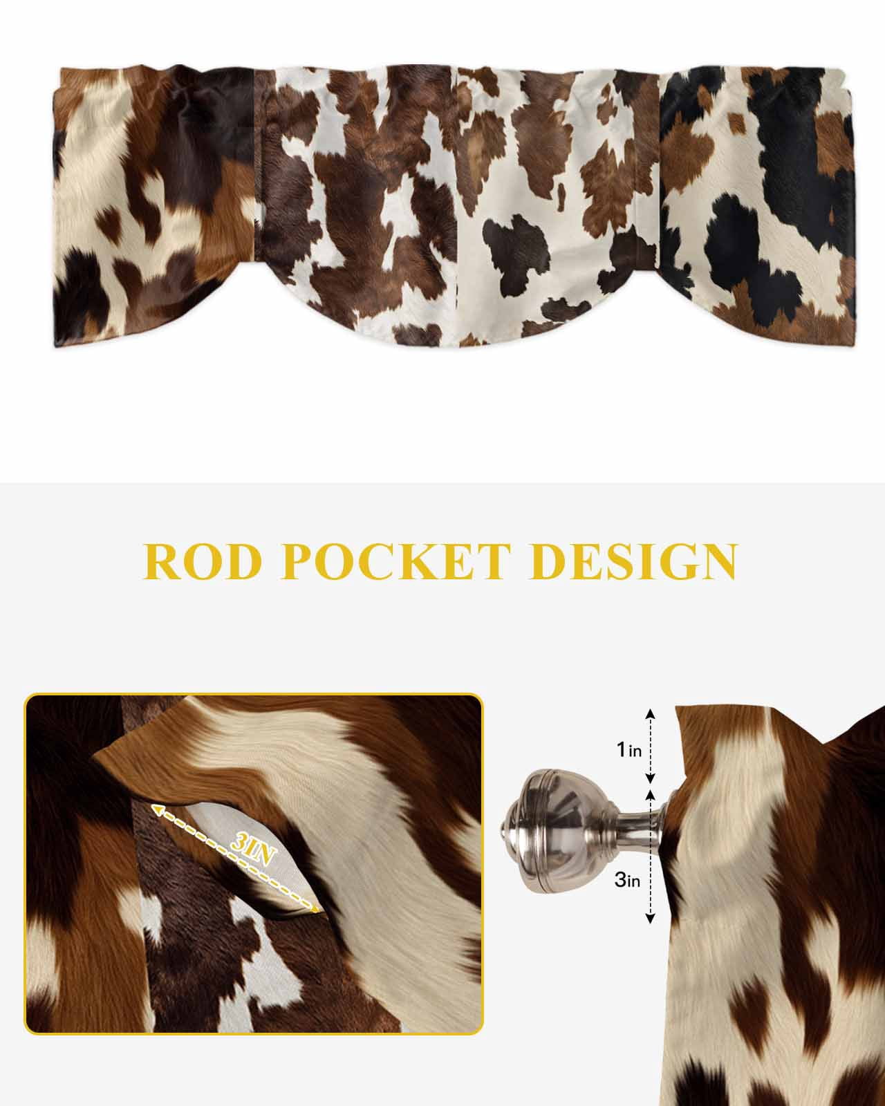 Cowhide Tie Up Valances Curtain, Adjustable Kitchen Cow Skin Texture Valances for Windows Decor, Rod Pocket Short Curtains Set for Bedroom/Bathroom, 60"x18"
