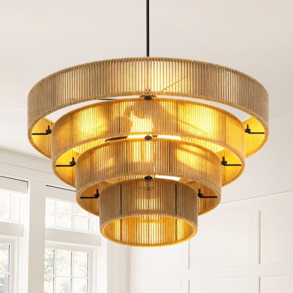 GCGAFUL Boho Hemp Rope Woven Chandelier, 4-Light Farmhouse Adjustable Hanging Ceiling Light, 19.88-Inch 4-tier Lantern for Living Room, Kitchen, Bedroom