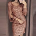 thumbnail image 2 of Brown Casual Dresses Solid Sequined Stitching Shining Club Sheath Long Sleeved Summer Dresses for Women 2024, 2 of 6