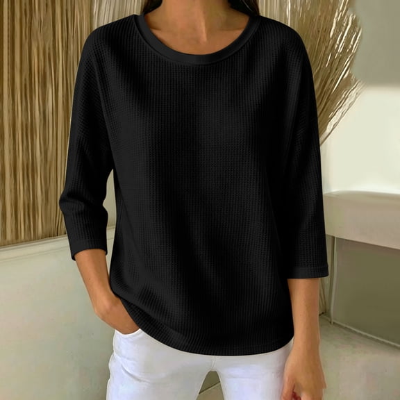 Sheghy 3/4 Length Sleeve Womens Tops Solid Round Neck Everyday Fashionable Tee Top Black S