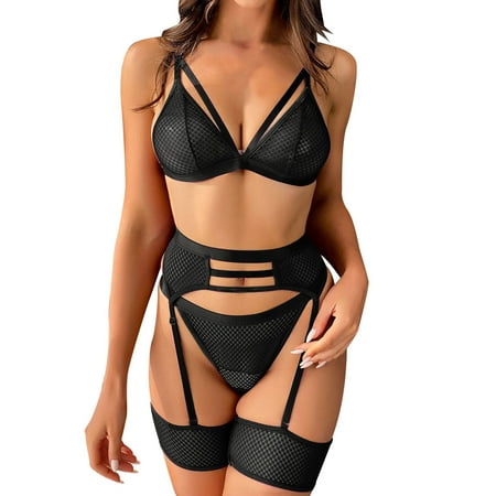 HYSYSB Bra and Panty Set two Piece Underwire bra for Women lace Bra and Panty Set sheer Mesh Pajamas Set High Waist Sleepwear Bra Panty Two Piece Nightwear matching Bra and Panty Sets Black L