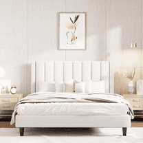 Einfach Full Size Platform Bed Frame with Upholstered Velvet Vertical Headboard, White