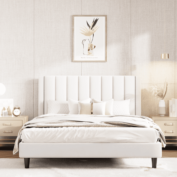 Einfach Queen Size Platform Bed Frame with Upholstered Velvet Vertical Headboard, White