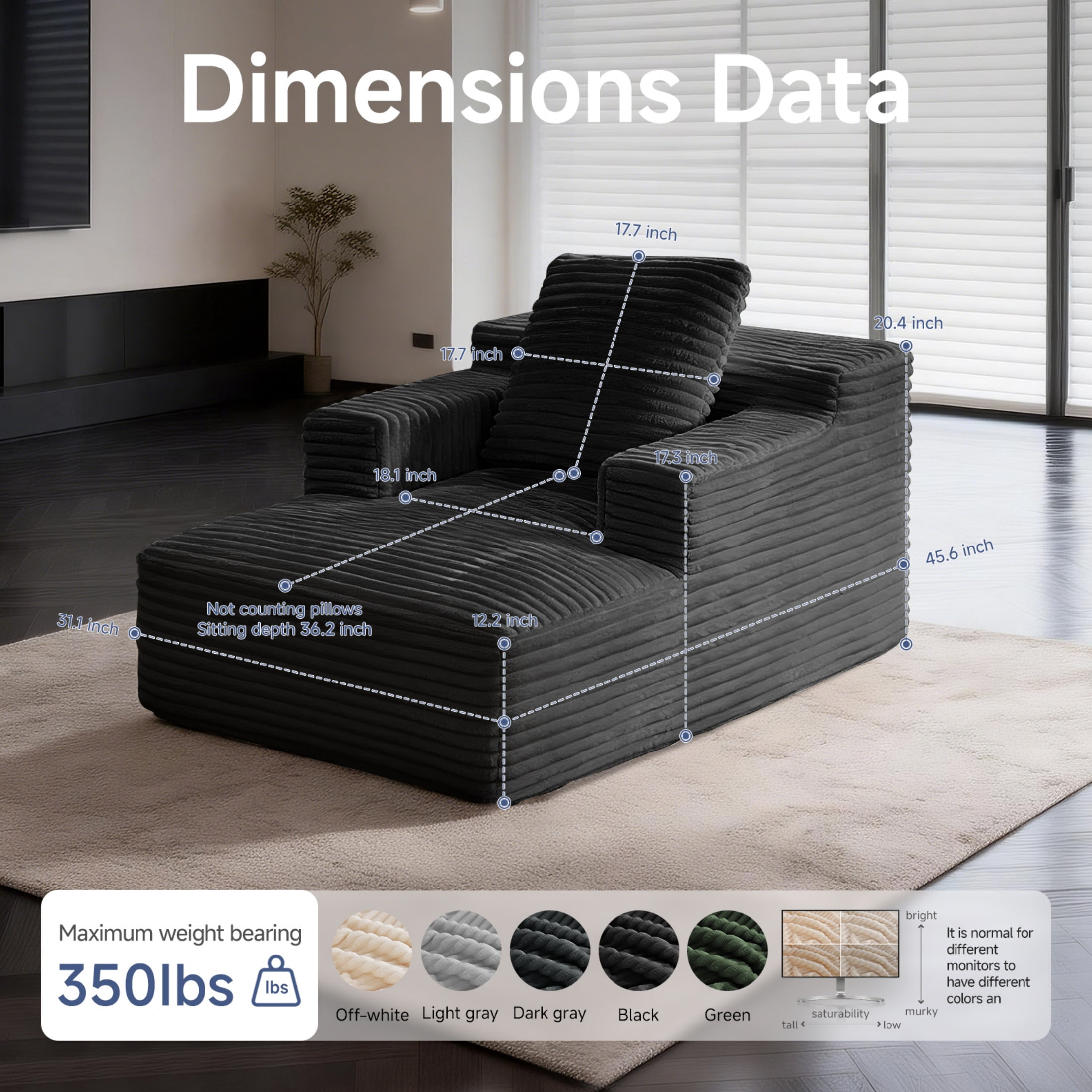 AISWORD 45.6'' Small Chaise Lounge Chair Indoor Corduroy Cloud Floor Sofa Bed No Assembly Required Deep Seat Boneless Couch with Pillows, Black