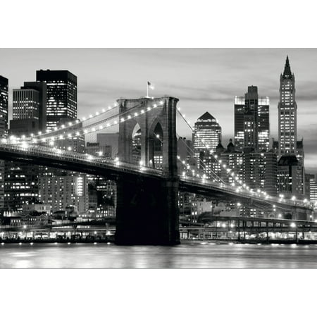 New York City Brooklyn Bridge At Night In Black And White Wall