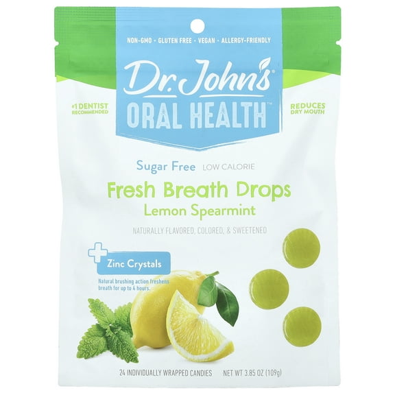 Dr. John's Healthy Sweets Oral Health, Fresh Breath Drops,   Zinc Crystals, Lemon Spearmint, Sugar Free, 24 Individually Wrapped Candies, 3.85 oz (109 g)