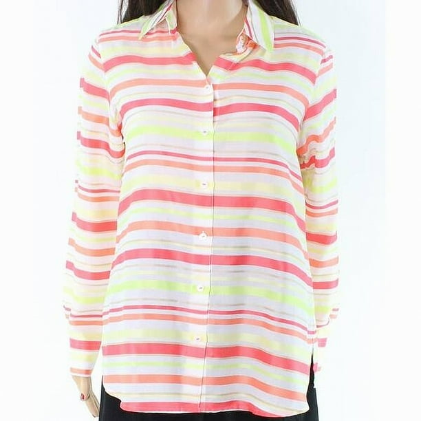 Foxcroft Womens Top Yellow Button Down Shirt Striped 18