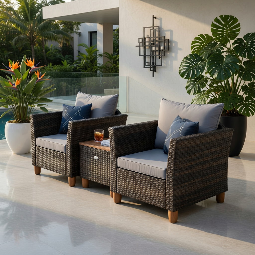Hommoo 3-Piece Outdoor Rattan Bistro Set with Acacia Wood Table, Patio Chairs & Coffee Table for Balcony, Porch, Garden, Gray