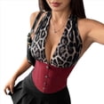 thumbnail image 3 of Top Corto con Cuello Halter y Estampado de Leopardo en Contraste para Mujer, Escote en V Profundo, de Botones, Sin Mangas y Espalda Abierta Vino Tinto S, 3 of 10