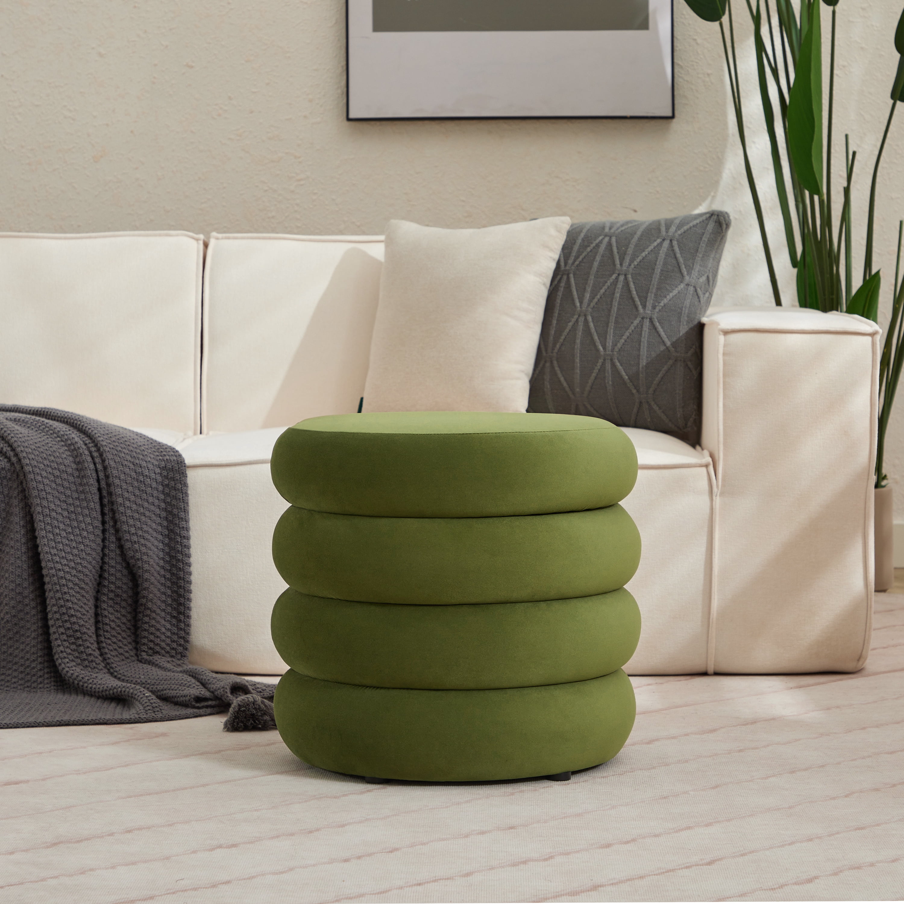 Zesthouse 19.5" Wide Round Storage Ottoman, Velvet Tufted Ottoman Footstool for Living Room Bedroom, Green