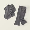 thumbnail image 2 of WRKEKC Girls Summer Outfits, Girls 2 Piece Casual Outfits, Girls' Casual Irregular Bottom Top Flared Cropped Pants Two-Piece Setshort Sleeve Round Neck Top Shirt Outfits, 2 of 9