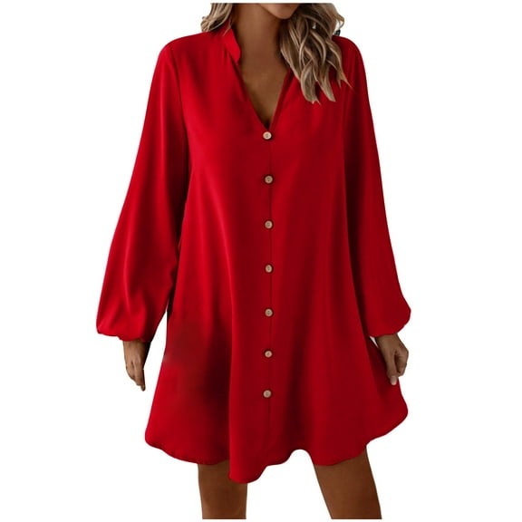 Diufon Summer Women's V Neck Long Sleeve Solid Color Flared Dress Button Front Mini Dresses
