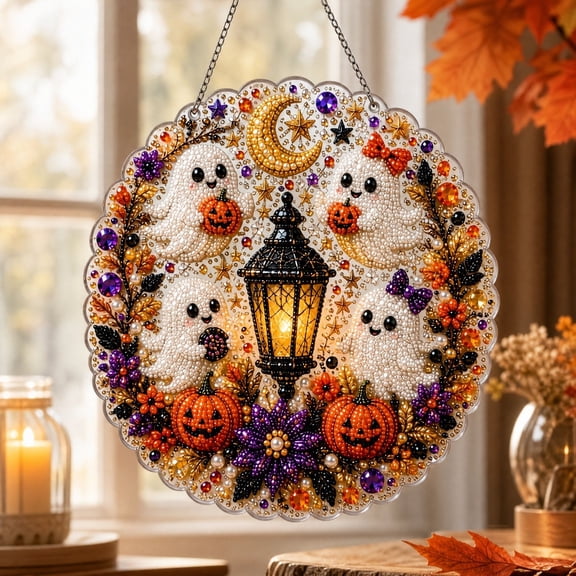 Halloween Pearl Art Kit, 2D Flat Hanging Halloween Decor Set, DIY Diamond Art for Home Living Room Bedroom Wall Decoration