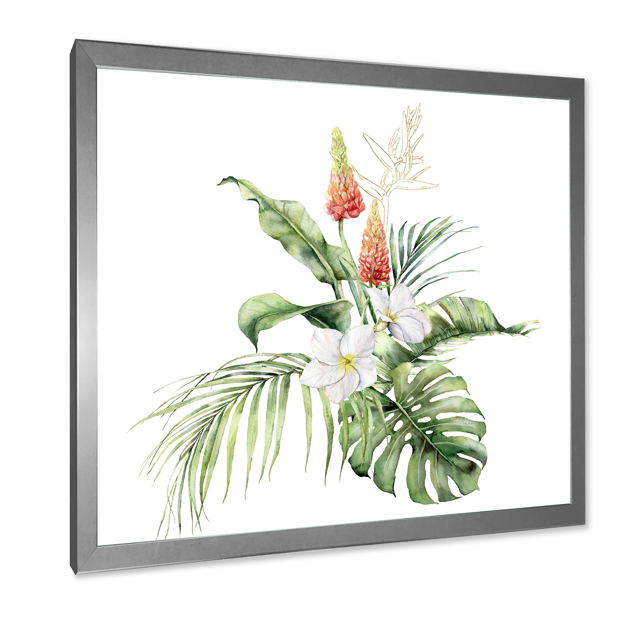Designart 'Tropical Bouquet With Plumeria Lupine Palm Leaves' Traditional Framed Art Print