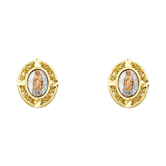 Oval Lady Guadalupe Stud Earrings 14k Yellow White Rose Gold Virgin Mary Post Studs Solid 12 mm
