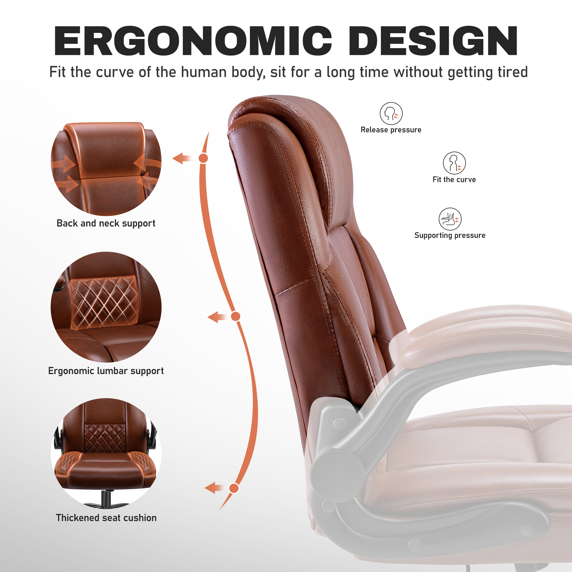 ALLGOD Leather Office Chair 400lbs, Ergonomic Desk Chairs with Back Support, Computer Chair with Wheels and Adjustable Armrest for Home Office, 360°Swivel Free, Dark Brown