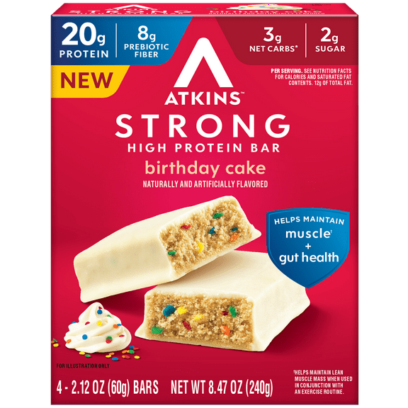 Atkins Strong High Protein Bar, Birthday Cake Flavored, 20g Protein, 4 Count