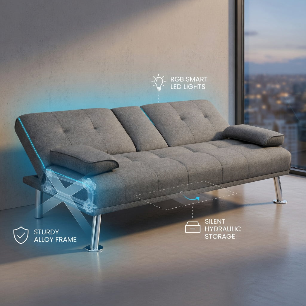 Demi Bonn Fold Sofa Bed Couch, Futon Sleeper Chair Guest Bed and Fold Out Couch, Convertible Folding Futon Sofa Bed Fabric with 2 Cup Holders, for Living Room, Bedroom, Light Gray