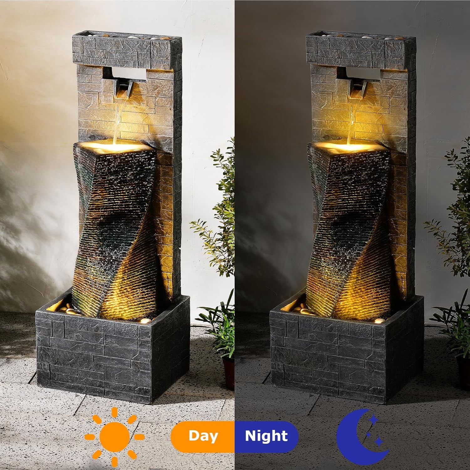 39.8’’ Tall Modern Spiral Waterfall Fountain Outdoor/Indoor Water Fountain Resin Stone-Like Water Feature with LED Lights for Outside, Garden, Patio, Porch, Deck, Backyard, Home Decor